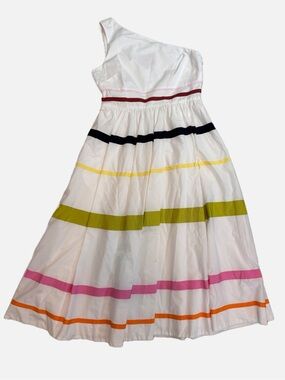 J Crew white cotton poplin one shoulder midi dress colorful ribbon stripes 4